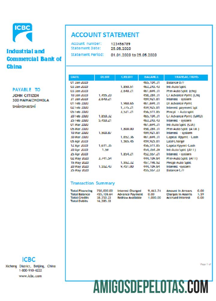 Modelo de extrato bancário do Banco Industrial e Comercial da China para impressão, formato Word e PDF